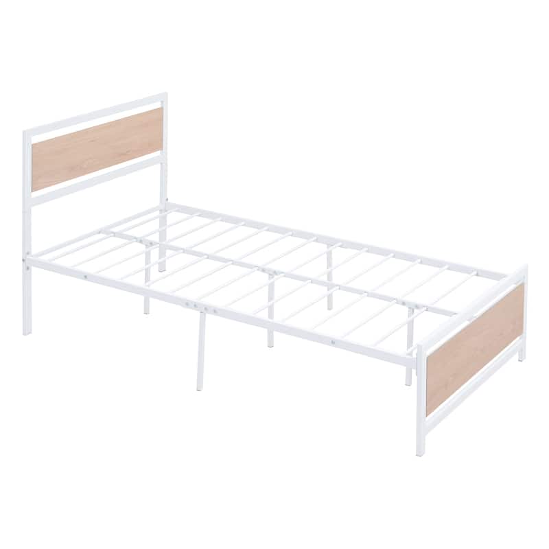 Twin/Full Size Platform Bed, Metal and Wood Bed Frame with Headboard